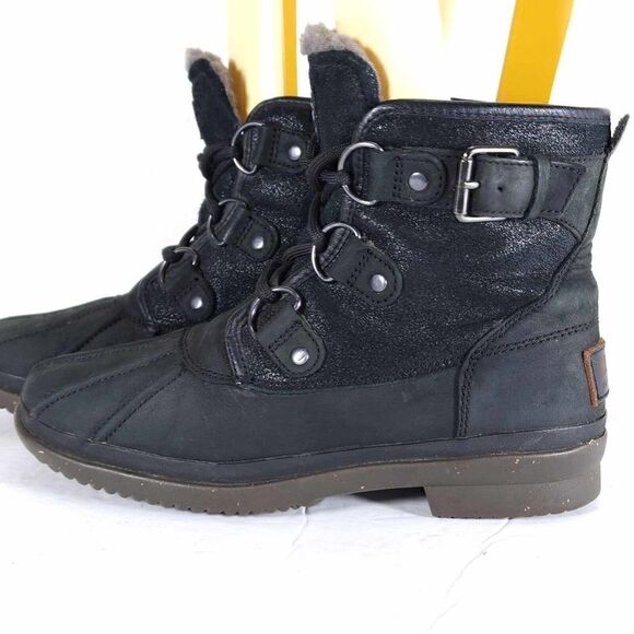 UGG Women's Cecile US 6 Black Leather Waterproof Sheepskin Lined Duck Boots - Picture 2 of 11